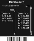 Product label showing Long Arm Torx L Key Set For Recessed Torx Screws 9 Piece Multicolor Pack details and sizes.