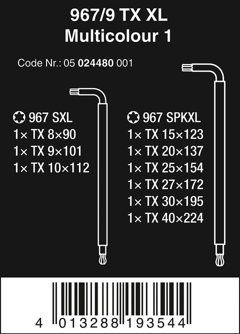 Product label showing Long Arm Torx L Key Set For Recessed Torx Screws 9 Piece Multicolor Pack details and sizes.