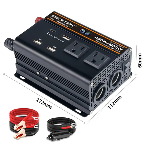 No Sweat 400 Watt 12V To 110V Power Inverter With 800W Peak Muscle, Dual AC Outlets, USB ports, and cigarette lighter connectors.
