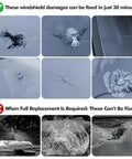 Comparison chart of windshield damages showing fixable chips and cracks versus irreparable damage for Windshield Repair Kit With UV Curing Light For Chips And Cracks All In One Auto Glass Repair Tool Nano Glass Repair Fluid Fix Bulls Eye And Star Shaped Cracks Quickly For Quick Results At Home.