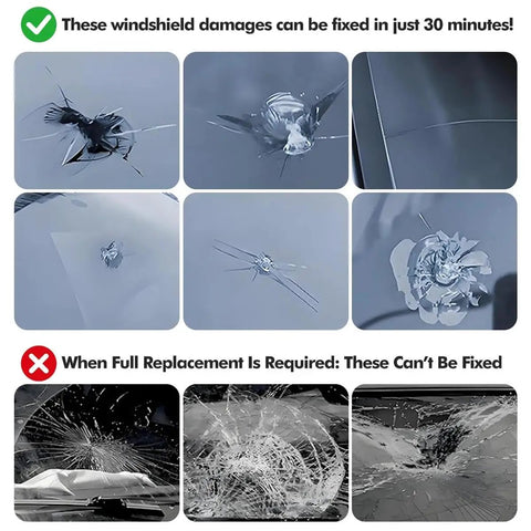 Comparison chart of windshield damages showing fixable chips and cracks versus irreparable damage for Windshield Repair Kit With UV Curing Light For Chips And Cracks All In One Auto Glass Repair Tool Nano Glass Repair Fluid Fix Bulls Eye And Star Shaped Cracks Quickly For Quick Results At Home.