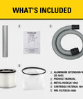 Heavy Duty 4 Gallon Ash Vacuum For Wood Stoves And Fireplaces accessories including metal hose, filters, manual, and extension wand.