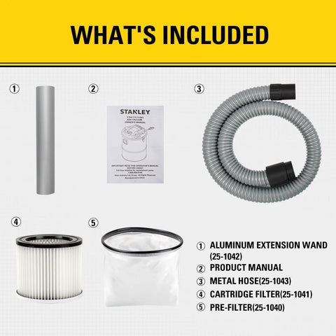 Heavy Duty 4 Gallon Ash Vacuum For Wood Stoves And Fireplaces accessories including metal hose, filters, manual, and extension wand.