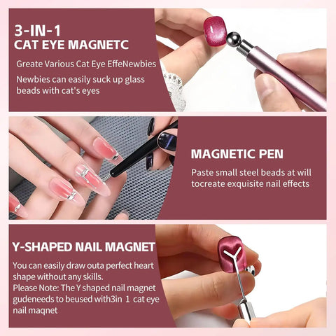 Three-part display of Cat Eye Nail Magnet Set Four Piece For Nail Art Black Bead Attracting Magnet with usage examples