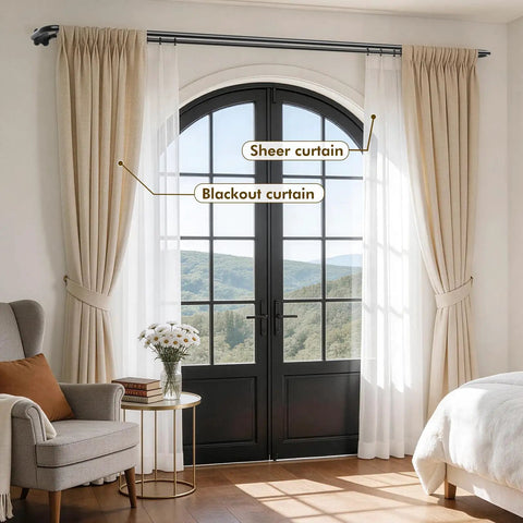 Image of adjustable black double curtain rod set with twist in telescoping segments and wrap around design with curtains