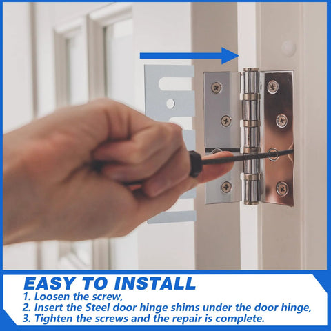 Ferraycle hinge shims, 16-gauge stainless steel with coated finish, 4-1/2 x 1-5/8 in, installed behind a door hinge.