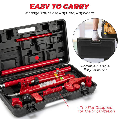 Amazon 12-Ton porta power hydraulic jack kit with 55-inch hose in red, stored in a black carrying case