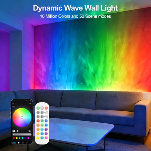Smart RGBW Wave Wall Light With Water Ripple Projector illuminating a living room in vibrant colors with app and remote control