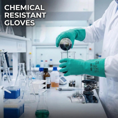 Real Deal Nitrile Chemical Resistant Work Gloves, 18 Mil Thick Puncture Proof Industrial Safety Gear, 12 Pair Pack Handled Tough Chemical Spills With Ease, Large Size Shop Proven Heavy Hitters, pouring liquid in lab.