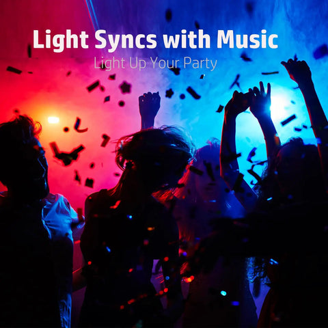 Party scene with Portable RGB LED Flood Lights Set With IP66 Waterproof Build 3600LM Output 400W Equivalent Smart App Remote, music sync.
