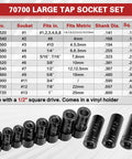 Magnetic Tap Socket Set, 11-Piece Pro Grade Magnetic Socket Adapters For Tap And Die Use with sizing chart display.