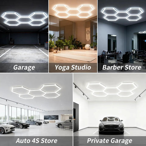 LED Hexagon Garage Light 156W 18720LM 6500K Daylight White Ceiling Lamp installed in various indoor spaces