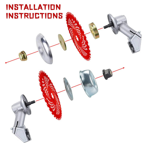 Installation instructions for 2 Pack 9 Inch 36 Teeth Carbide Tipped Weed Eater Blades With Universal Adapter Kit For Trimmers Brush Cutters
