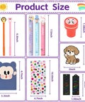 24 Pack Cute Stationery Set For Classroom Rewards And Gift Bags Includes Mini Notebooks Pencils Rulers Erasers Sticky Notes Stickers And Cute Goodie Bags For Birthday Gifts Class Activities School Office Supplies product size chart with cartoon designs and measurements