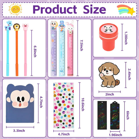 24 Pack Cute Stationery Set For Classroom Rewards And Gift Bags Includes Mini Notebooks Pencils Rulers Erasers Sticky Notes Stickers And Cute Goodie Bags For Birthday Gifts Class Activities School Office Supplies product size chart with cartoon designs and measurements