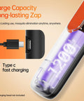 Three In One Rechargeable Electric Fly Swatter With 4200V Bug Zapper showing type C charging port and 1200mAh battery capacity