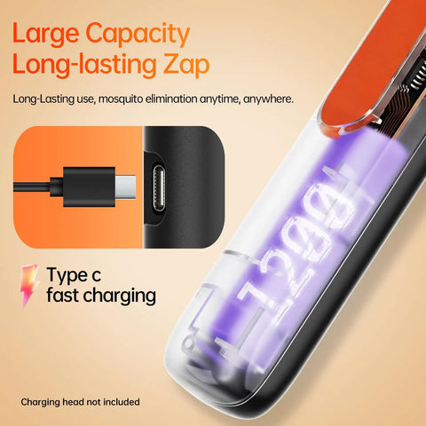 Three In One Rechargeable Electric Fly Swatter With 4200V Bug Zapper showing type C charging port and 1200mAh battery capacity
