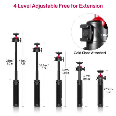Extendable Mini Camera Tripod With 4 Level Adjustments And 360 Degree Ball Head Cold Shoe Mount shown in various heights
