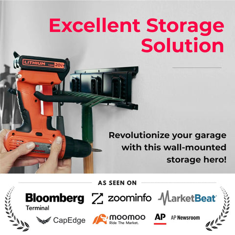 Garage Tool Organizer Wall Mount 32 Inch Heavy Duty Rack With Adjustable Hooks Anti Rust Easy Install holding drill and broom