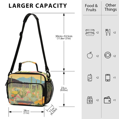 Desert Bloom Insulated Lunch Bag With Handles And Shoulder Strap For Camping And Travel Grab And Go Everyday Carry, dimensions shown