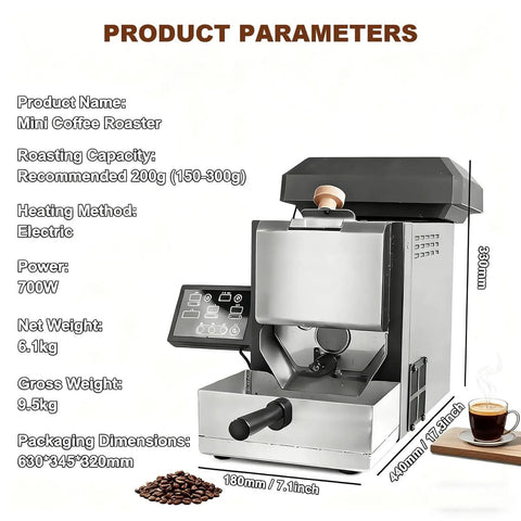 No Sweat Smart Coffee Bean Roaster With 200 Gram Capacity And Clean Digital Interface For Quick Auto Roasting Of Quality Beans And Toasted Nuts Straight On Your Counter With Reliable Smoke Guard Keeping Indoor Spaces Fresh, featuring control panel and roasting chamber.