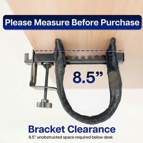 No Drill Clamp-On 36 Inch Mesh Under Desk Cable Management System showing 8.5 inch desk clearance with clamp illustration