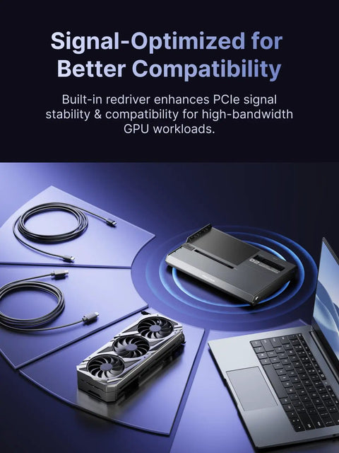 Heavy Duty Dual Mode Usb4 And OcuLink Egpu Dock With Straight Up 80Gbps Speeds Integrated M2 Nvme Bay ATX SFX Power Hookup with GPU and laptop setup.