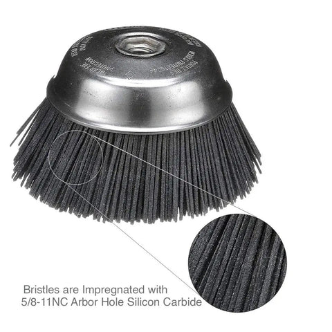 Abrasive Cup Brush Silicon Carbide 7000 Max RPM 6 Inch showing bristle detail and 5/8-11NC arbor hole for heavy-duty engine projects
