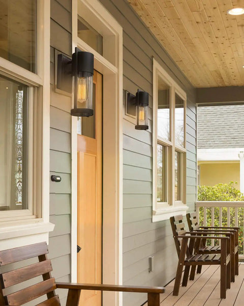 Two Pack Outdoor Wall Lanterns Black Waterproof Exterior Lighting Fixtures with Glass Shade on porch doorway