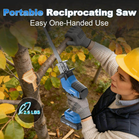 Person using Cordless Reciprocating Saw With Powerful Brushless Motor, 20V, 3500 RPM, cutting tree branch, single-handed use