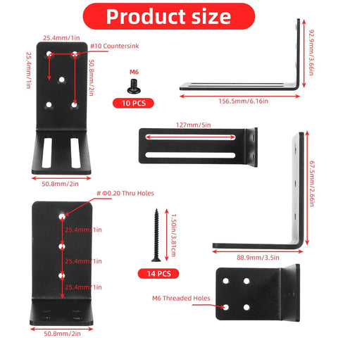 Heavy Duty Door Barricade Brackets 2 Pack U Shaped Security Bar Mounts with dimensions and screw details shown
