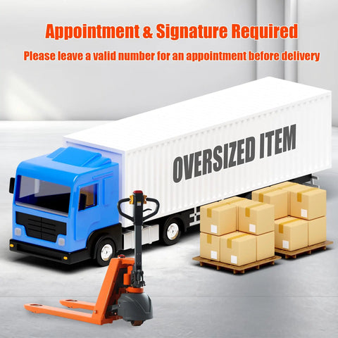 Tory Carrier Full Electric Pallet Jack 3300 Lb Capacity With 48x27 Steel Forks Compact Design next to delivery truck and boxes.