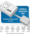 World Travel Plug Adapter M8 Max With 3 USB Ports And 18W USB C Fast Charge, 2 US Outlets, various plug types displayed