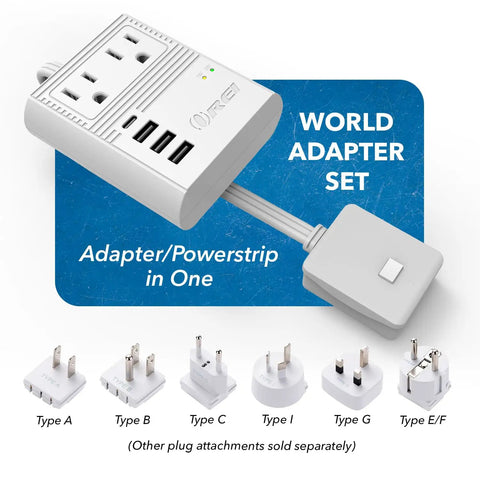 World Travel Plug Adapter M8 Max With 3 USB Ports And 18W USB C Fast Charge, 2 US Outlets, various plug types displayed