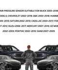 Mechanic with vehicles and text showing compatibility for air pressure sensor for Buick, Chevrolet, Cadillac, Pontiac models.