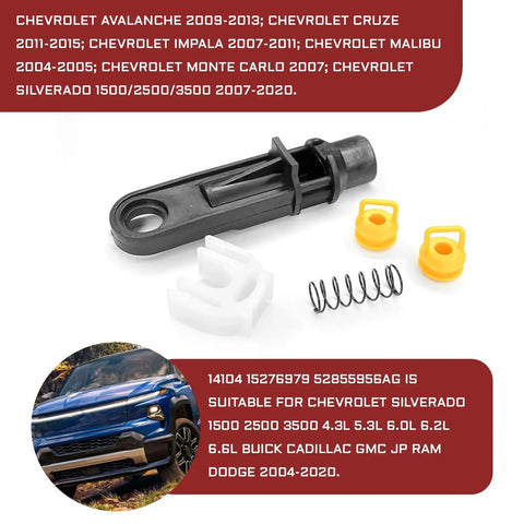 5 Piece Transmission Shifter Linkage Cable Bushing Repair Kit With Clamp And Two Bushings shown with compatible vehicle list