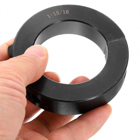 Double Split Shaft Collar For One And Fifteen Sixteenths Inch Shaft, Two Piece Clamping Collar, 3 Inch Outside Diameter, Eleven Sixteenths Inch Width, Black Oxide Steel Lock Collar Clamp, Set Screw Style, Heavy Duty Industrial Hardware, 1-15/16 in marked