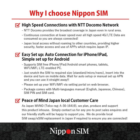 Japan Travel eSIM 8 Day Data Plan With Daily 2GB High Speed 4G LTE, No Roaming Needed, Docomo Network info sheet.