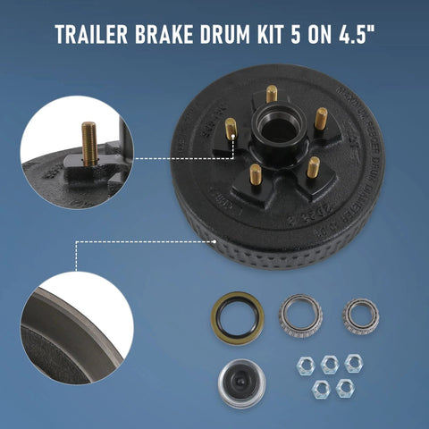 JDMSPEED trailer brake drum kit, 10in diameter x 2.25in wide, 5-on-4.5in bolt pattern with bearings and seals.