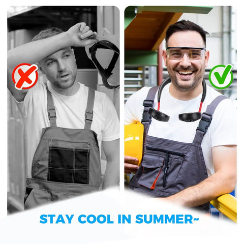 Worker using Portable Neck Fan Hands Free Wearable Neckband USB Rechargeable Dual Head Fan With 360 Degree Rotation 3 Speeds