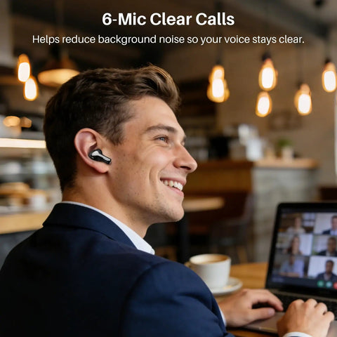 Man using Hybrid Active Noise Cancelling Wireless Earbuds With Six Microphones For Crystal Clear Calls 68 Hours Total Playtime