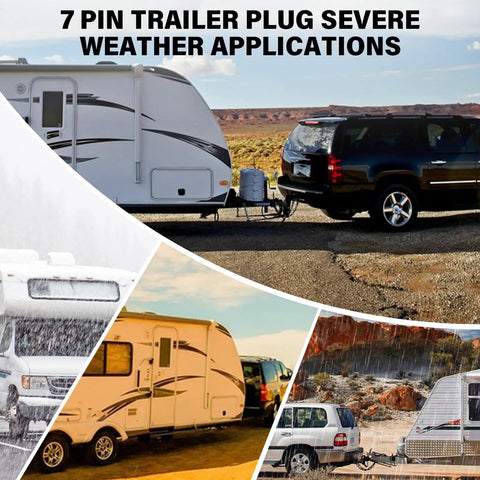 Plug And Play 4 Foot 7 Way Trailer Plug With Junction Box Kit Pure Copper Wiring Harness Weather Tight Connectors For RV Camper Pickup Truck Boat Hauling, vehicles towing trailers in varied weather.