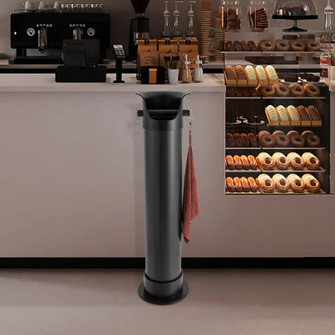 Espresso Knock Box for Home and Pro Cafes, Floor Standing Coffee Grounds Dump Bin with Anti Splash Deep Bowl in a cafe setting