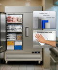 Top Tier Commercial Upright Freezer With Smart WiFi App Remote Control And Auto Defrost 49CuFt displaying interior with stainless steel and food storage.