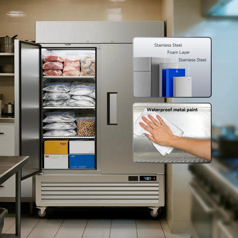 Top Tier Commercial Upright Freezer With Smart WiFi App Remote Control And Auto Defrost 49CuFt displaying interior with stainless steel and food storage.