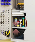Inside view of Real Deal High Grade Steel Tool Cabinet With Safety Lock, showcasing organized tool storage and shelves.