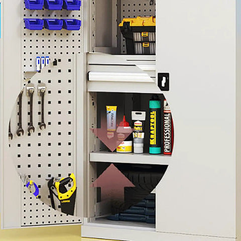 Inside view of Real Deal High Grade Steel Tool Cabinet With Safety Lock, showcasing organized tool storage and shelves.