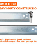 Built To Last 1.5mm Steel R12 Horizontal Garage Door Tracks close-up with 2-inch rail and caliper measurement for 7-foot doors.