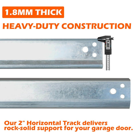 Built To Last 1.5mm Steel R12 Horizontal Garage Door Tracks close-up with 2-inch rail and caliper measurement for 7-foot doors.