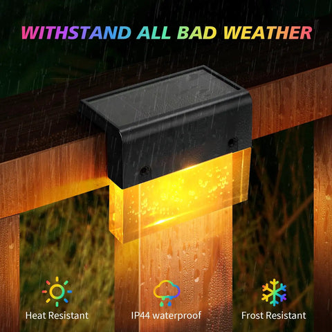 8 Pack Solar Deck Lights Outdoor Waterproof Step And Fence Lights With Two Modes LED Warm White And 7 Color Changing, rain.